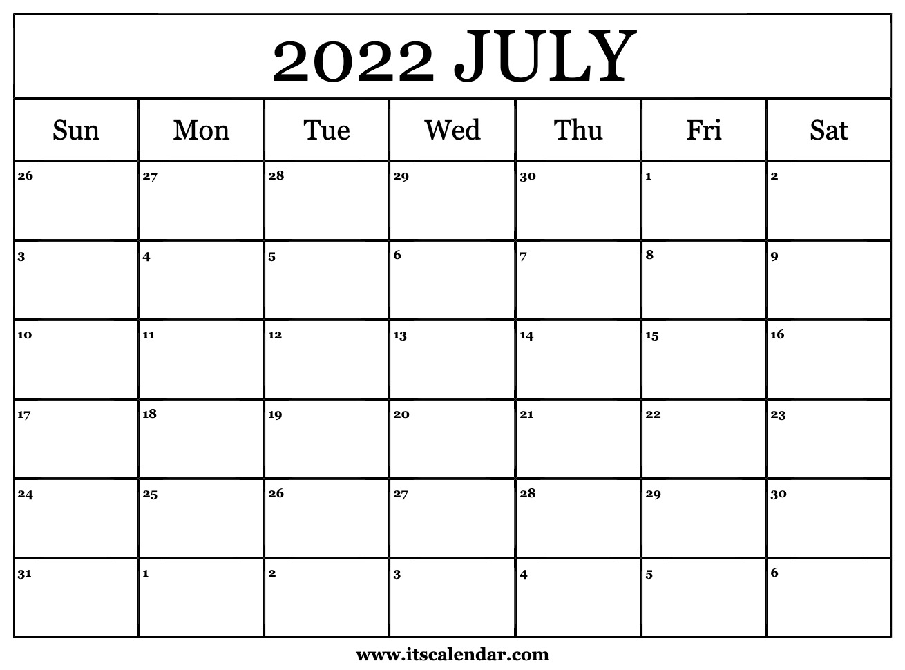 Free Printable July 2022 Calendar