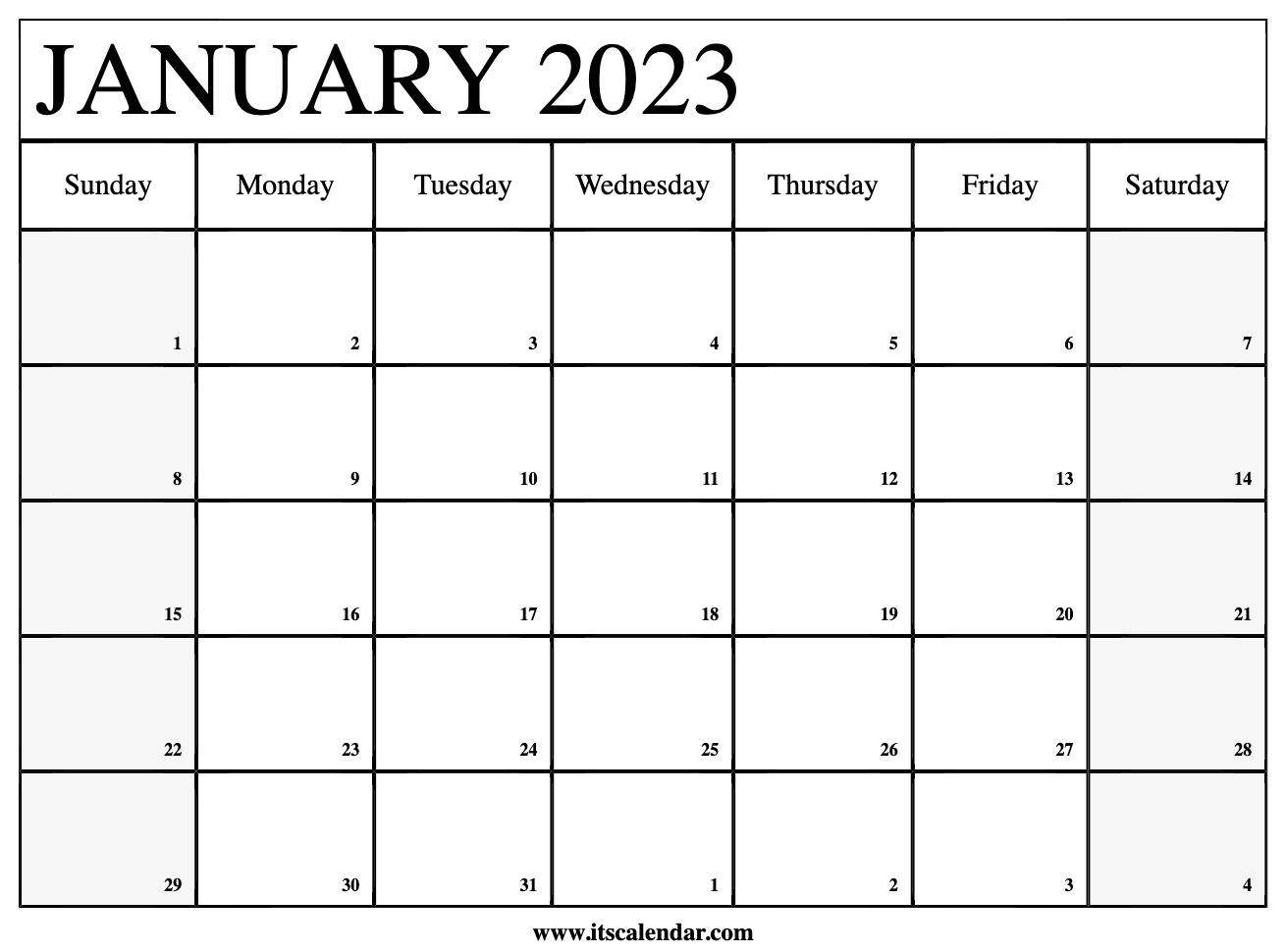 Free Printable January 2023 Calendar