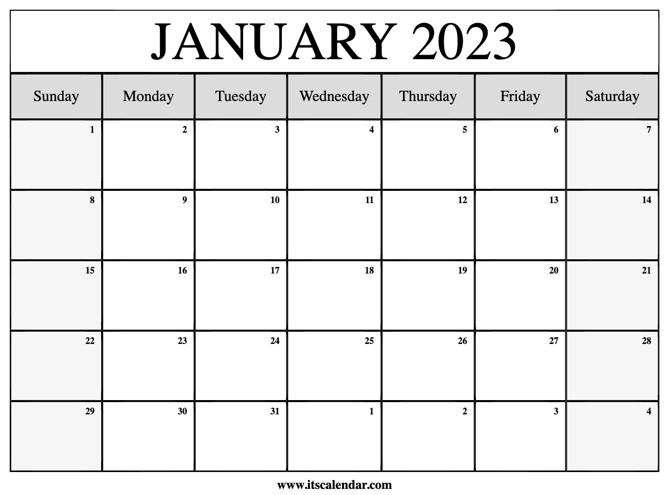 Free Printable January 2023 Calendar