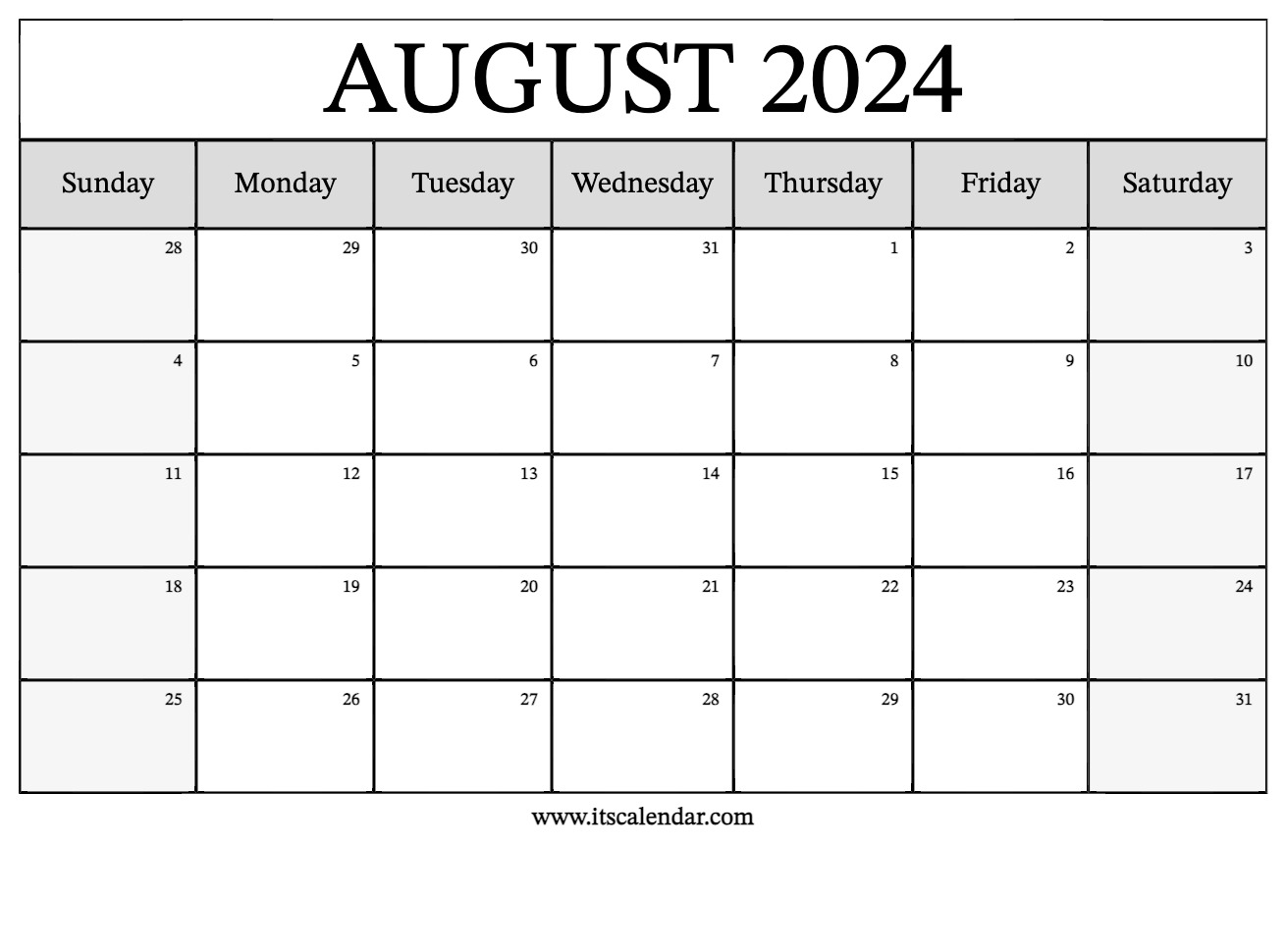 Free Printable August 2024 Calendar