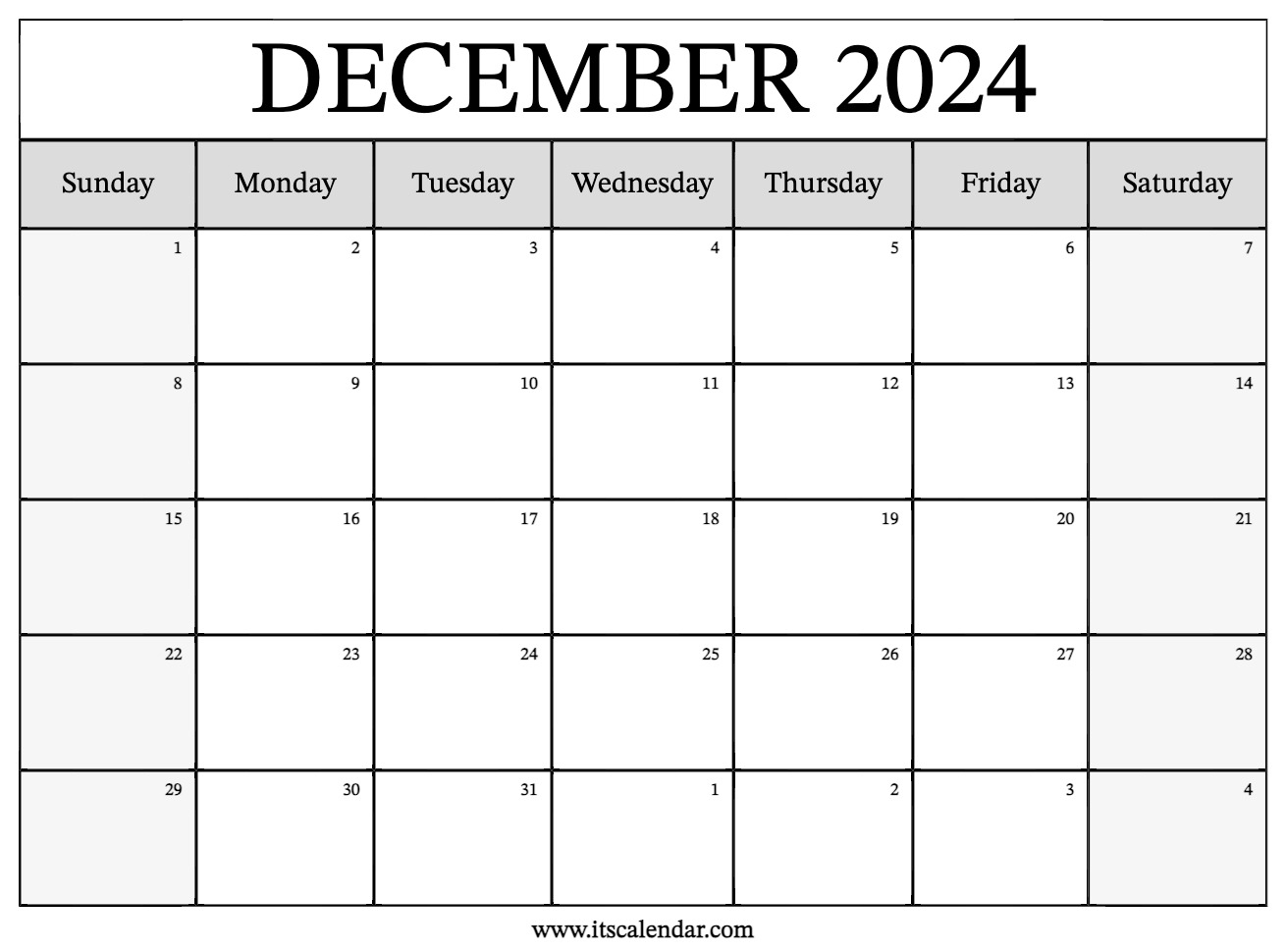 Free Printable December 2024 Calendar