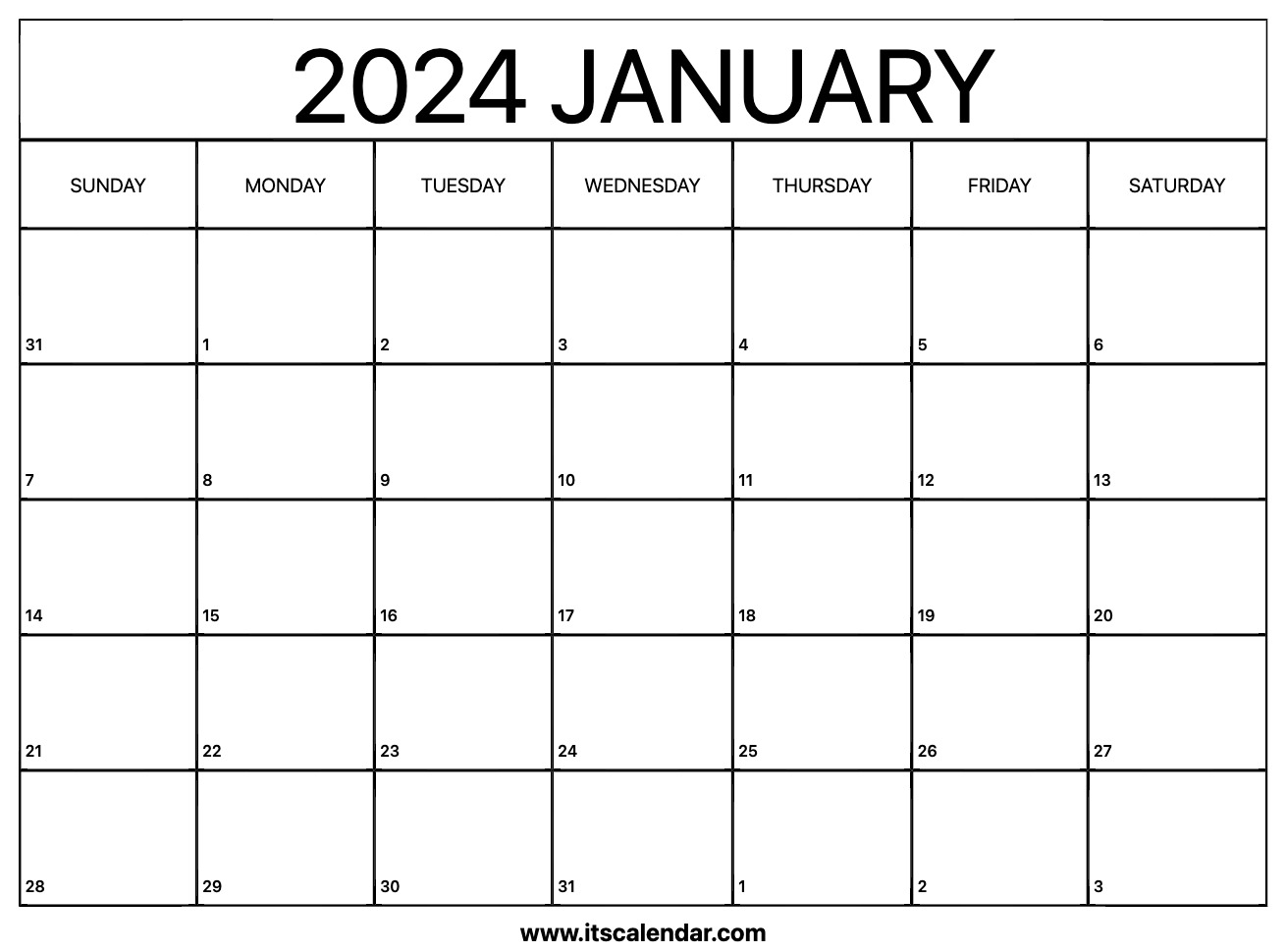 Free Printable January 2024 Calendar