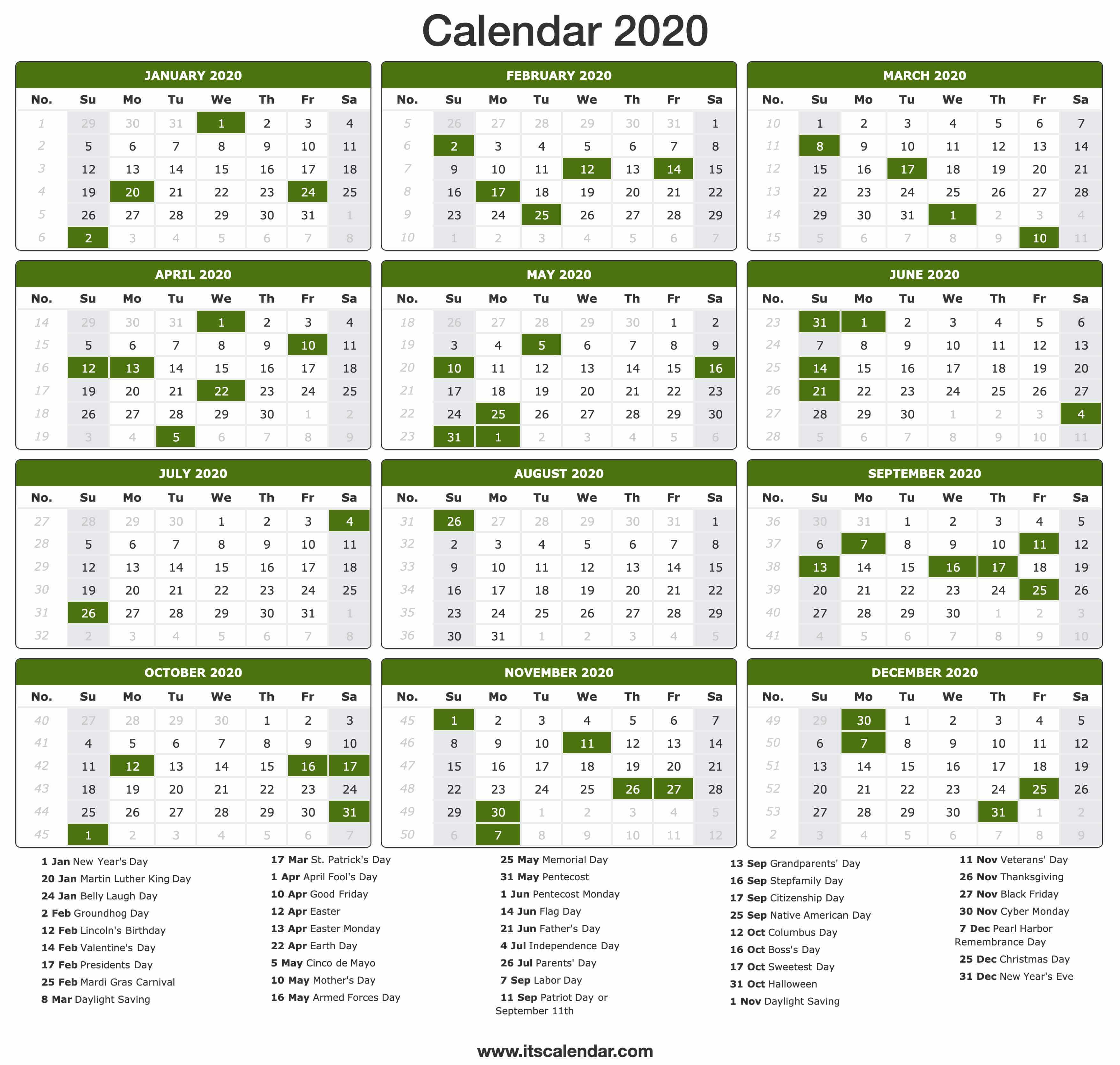 2020 Calendar